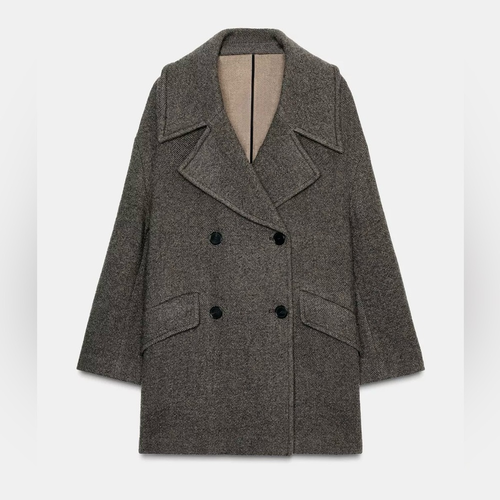 New ZARA  Coat Wool Italian Fabric Double-Breasted  Oversized Size S Brown marl